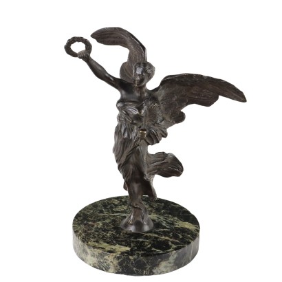 Sculpture Vintage Victoire Ailée Bronze Années 20 Marbre Ronde