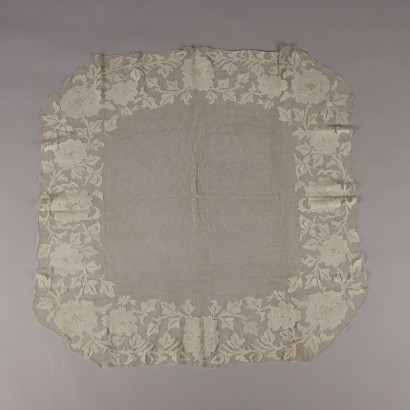 Nappe Ancienne '900 Filet Coton Beige Broderies Fleurs