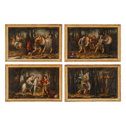 Groupe de 4 Peintures Anciennes Huile sur Toile Italie XVIIIe Siècle