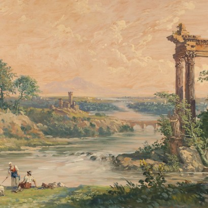 Tableau Ancien A. Oberto Paysage avec Bergers Huile sur Bois