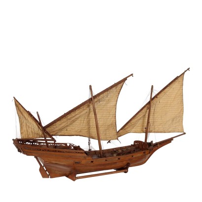 Ancient Wooden Xebec '900 with Fabric Sails Objects