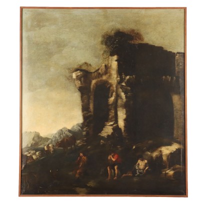 Antique Painting with Landscape Oil on Canvas XVIII Century