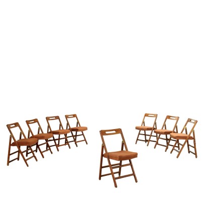 Groupe de 8 Chaises Pliantes en Hêtre Teinté Italie Années 60