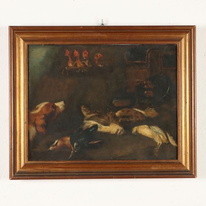 Tableau nature morte avec gibier, chien et nid d'oiseaux