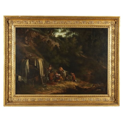 Tableau Ancien avec Paysage Huile sur Toile XIXe Siècle