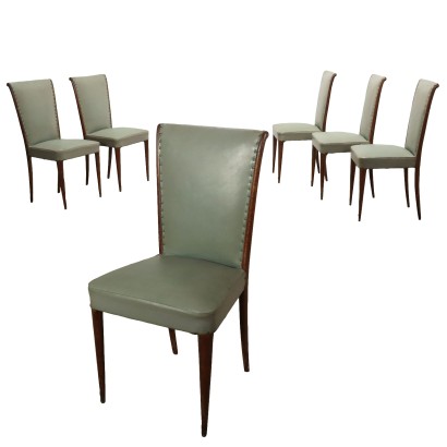 Groupe de 6 Chaises Vintage Hêtre Simili Italie Années 1950