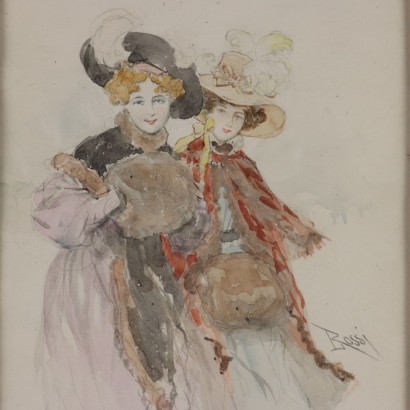 Aquarelle Portrait de deux jeunes femmes