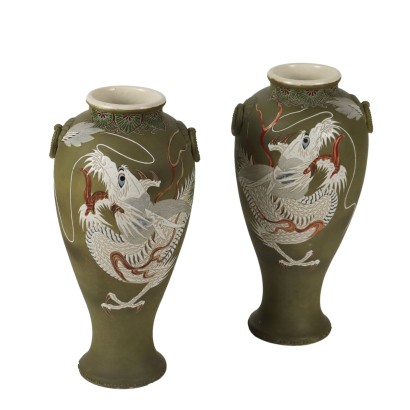 Pair of Antique Vases Ceramic Dragons Japan XX Century