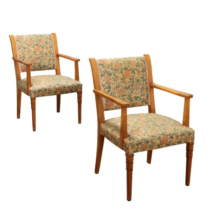 Pair of Vintage 1950s Armchairs Wood Fabric Italy