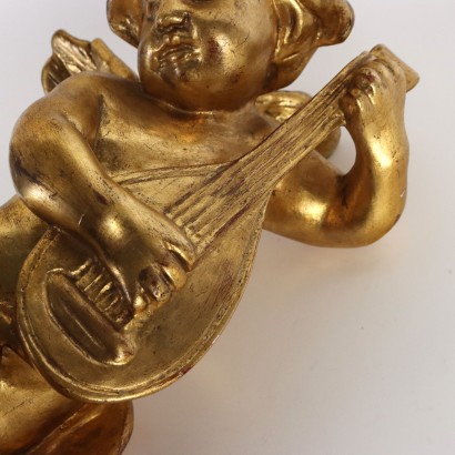 Putto Musicien en Bois Sculpté et