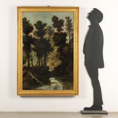 Peinture de paysage avec figure, paysage boisé avec figure