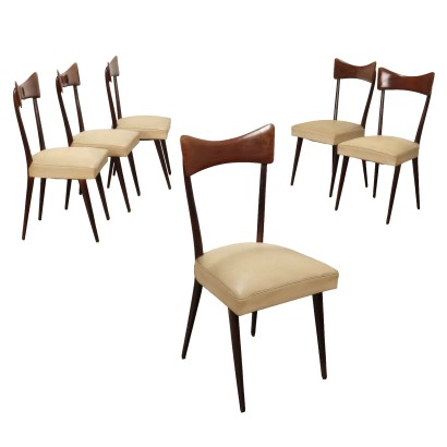 Groupe de 6 Chaises Vintage en Hêtre Simili Cuir Années 50