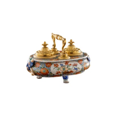 Encrier Ancien Régence Bronze Doré Porcelaine XIXe Siècle