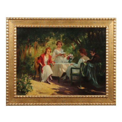 Antique Painting with Genre Scene Oil on Canvas XX Century