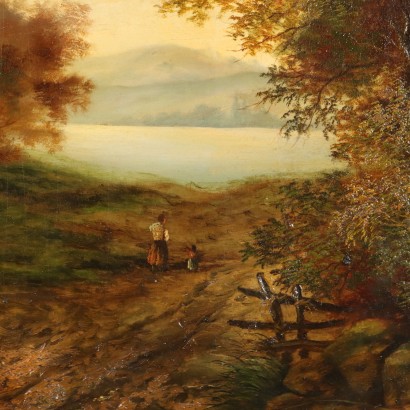 Peinture de paysage campagnard avec personnages