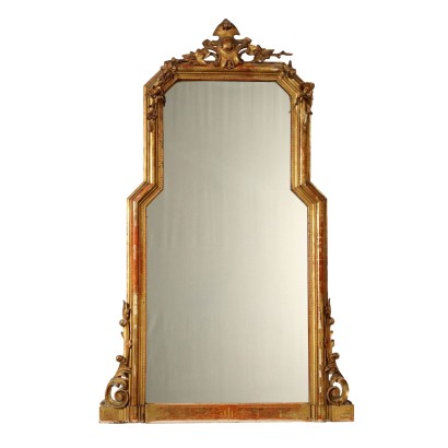 Miroir Ancien de Cheminée Umbertino Bois Doré Italie XIXe Siècle