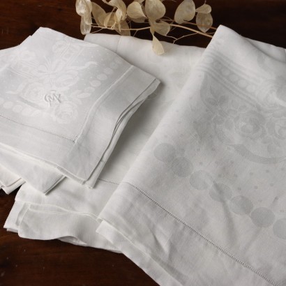 Antique Tablecloth with 6 Napkins Cotton Italy XX Century