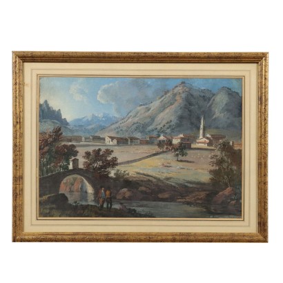 Antique Painting Landscape Gouache on Cardboard '800