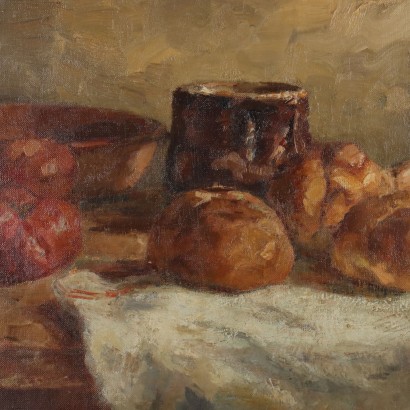 Painting by Domenico De Bernardi, Composition with bread and tomatoes, Domenico De Bernardi, Domenico De Bernardi, Domenico De Bernardi