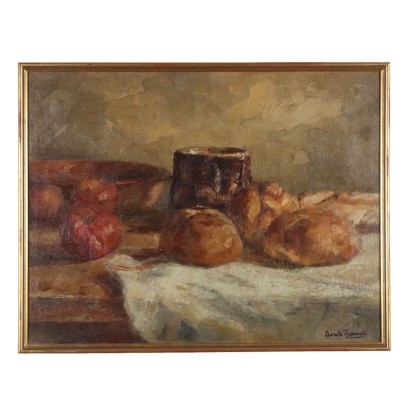 Peinture de Domenico De Bernardi,Composition avec du pain et des tomates,Domenico De Bernardi,Domenico De Bernardi,Domenico De Bernardi