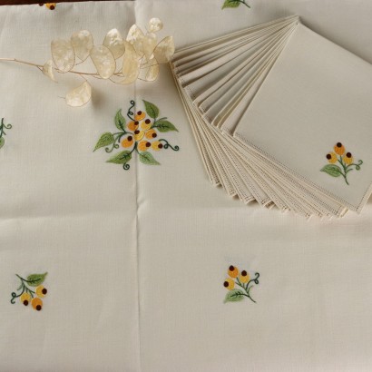 Nappe Vintage 12 Napperons Lin Décorations Fleurs Italie XXe Siècle