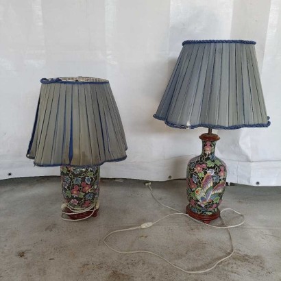 Paire de Lampes de Table Anciennes Porcelaine Tissu Chine '900