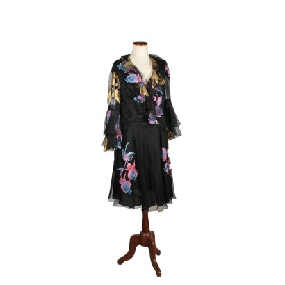 Vintage Black Voile Dress with Flowers 1960s