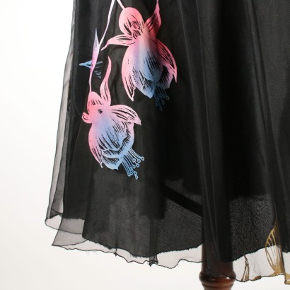 Robe Vintage Voile Noir Fleurs fuchsia Imprimées Vers 1960