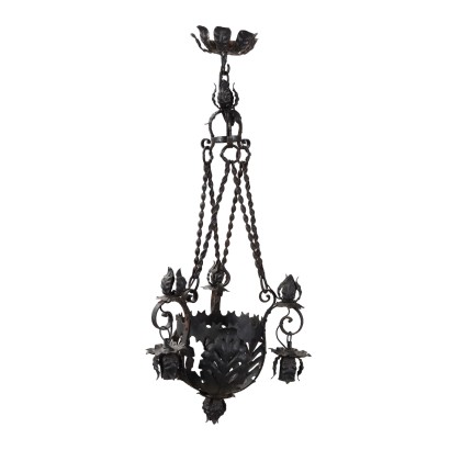 Antique Chandelier 3-Lights Wrought Iron Italy XX Century